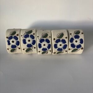 Set of 5 Hand Painted Napkin Rings Mexican Tonala White Blue Flowers
